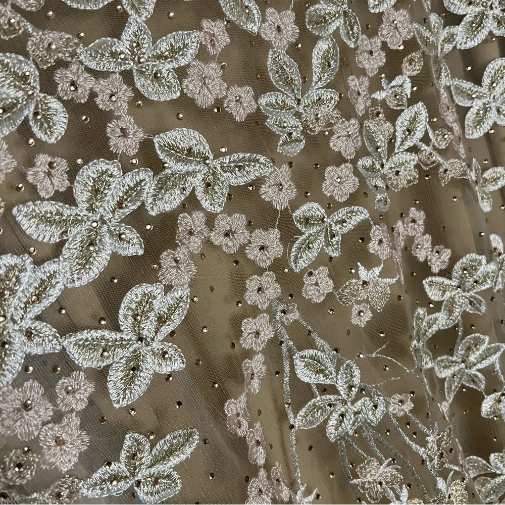 Mac Duggal Cream Floral Lace 12 Beige Embroidered Tulle Trumpet Gown Nude - Picture 8 of 13